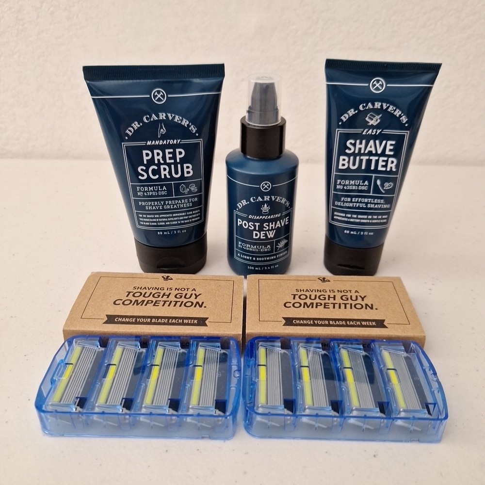 NEW SEALED Dr Carvers Shave Set Pre Scrub Shave Butter Post Shave Dew & 8 RAZORS